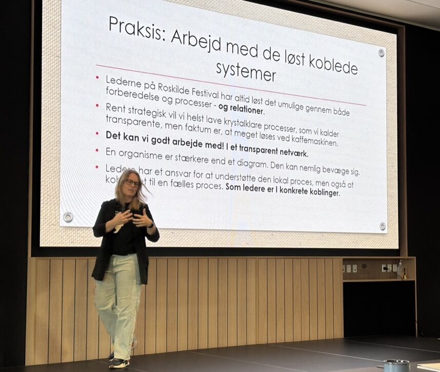 Cecilie Engelhardt holder oplæg om arbejdet med løst koblede systemer.